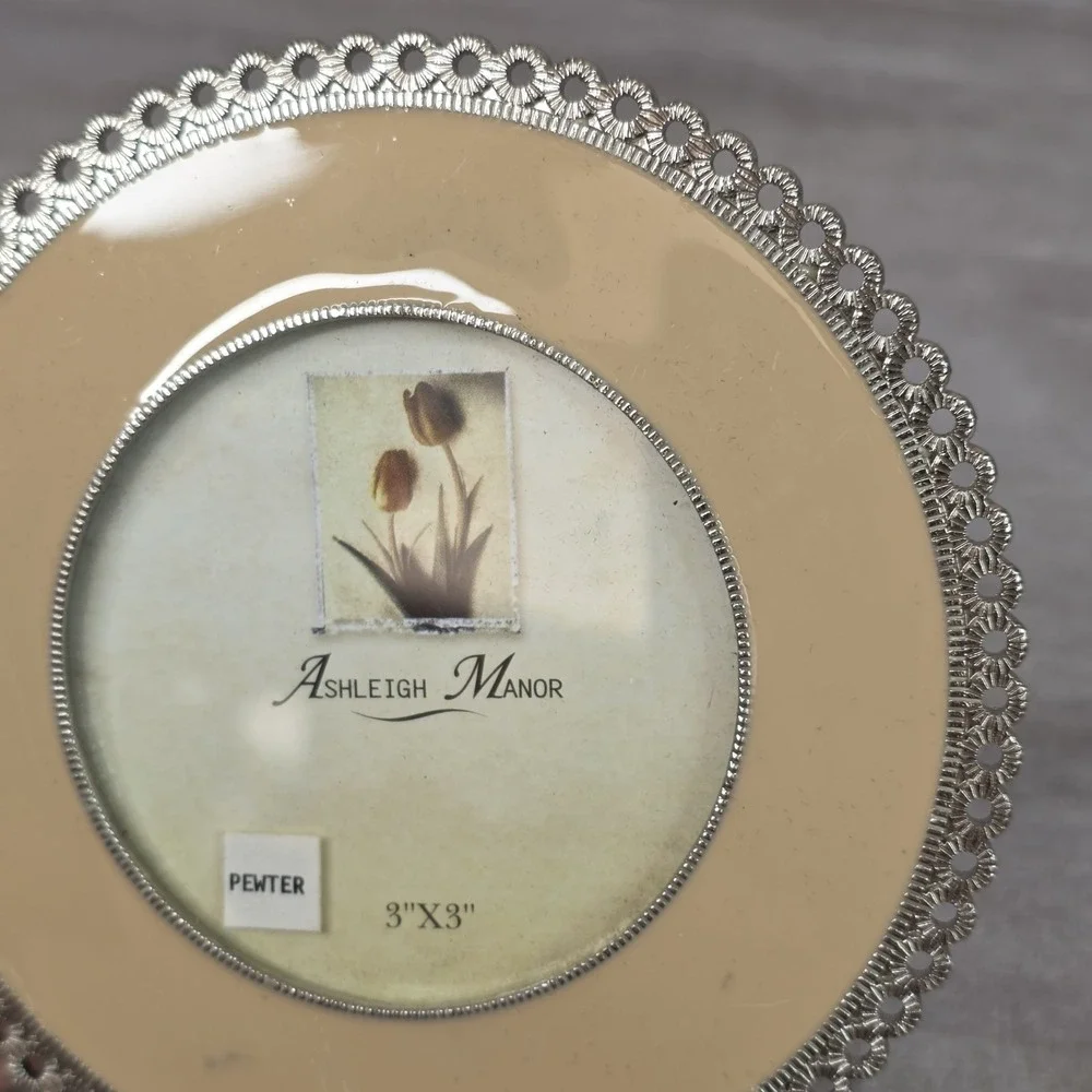 VTG Ashleigh Manor Round Pewter Trim Enamel Picture Frame Fit Photo 3